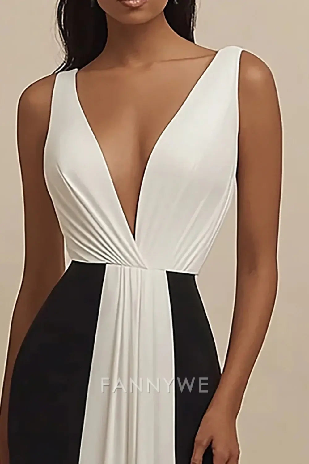 FannyWe Simple Black and White Deep V-Neck Sheath Long Formal Dress